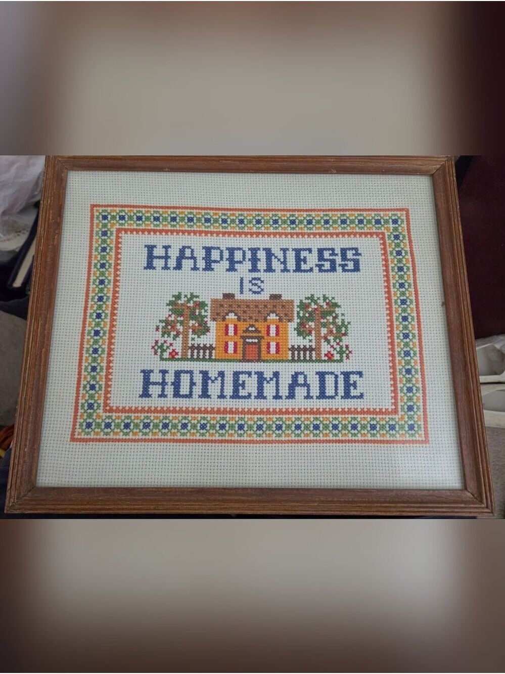 Vintage framed "Happiness is Homemade" counted cross stitch sampler